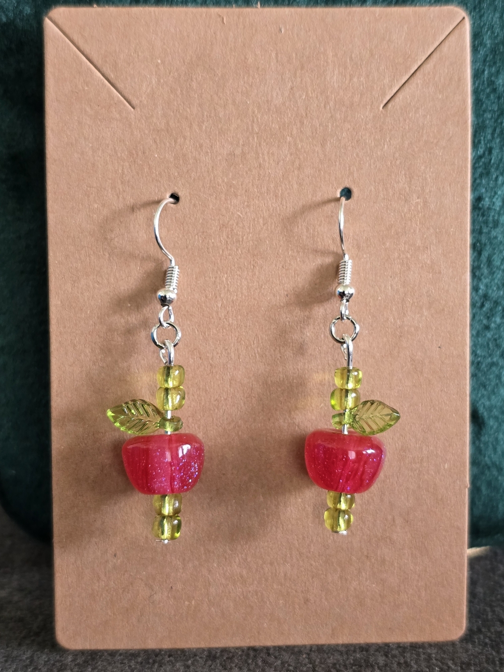 Glitter Apple Glass Dangle Earrings with Green Leaves Handmade 3 COLORS - Picture 4 of 12